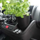 Camperflower Camper Blumentopf im Cockpit eines Fiat Ducato Kastenwagen Camper mit einem Basilikum bepflanzt