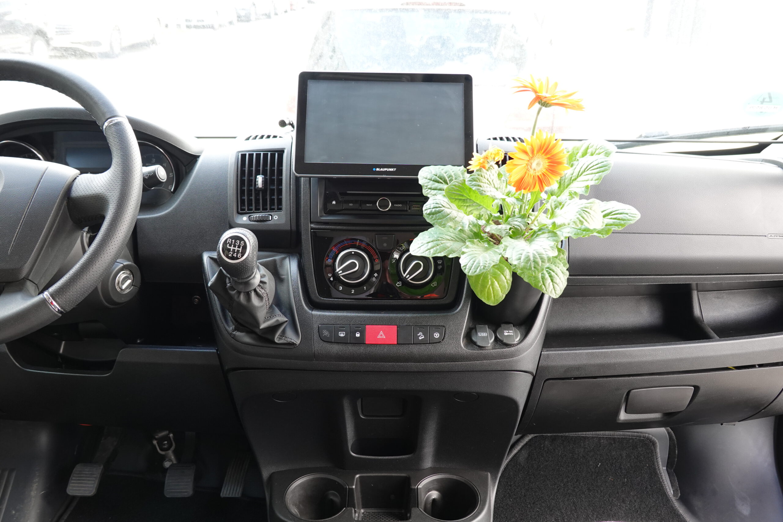 Camperflower Camper Blumentopf im Cockpit eines Fiat Ducato Kastenwagen Camper mit einer Blume bepflanzt